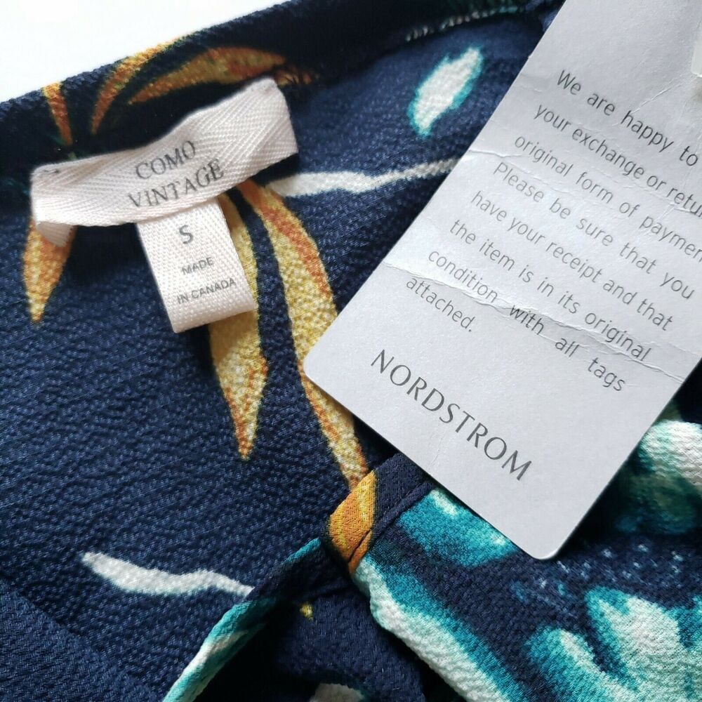 COMO VINTAGE floral ruffle flutter trim tropical midi high low dress blue S NEW - Picture 3 of 5